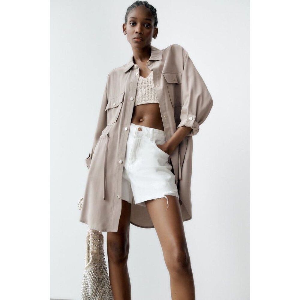 ZARA Womens Flowing Overshirt Long Sleeve Button Front Jacket Sand Medium